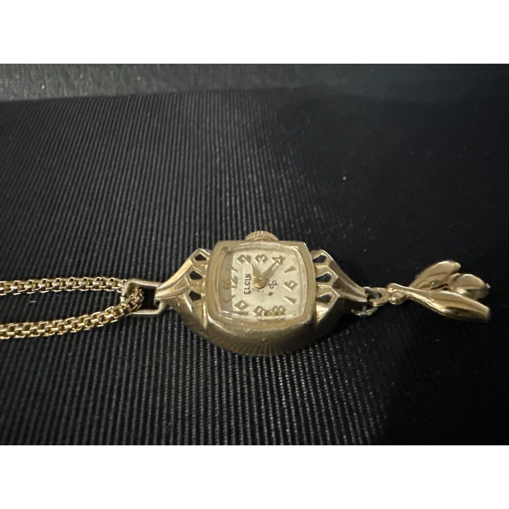 Vintage Elgin Women's Watch 10k RGP Bezel Stainless Back Gold Tone Necklace 30”
